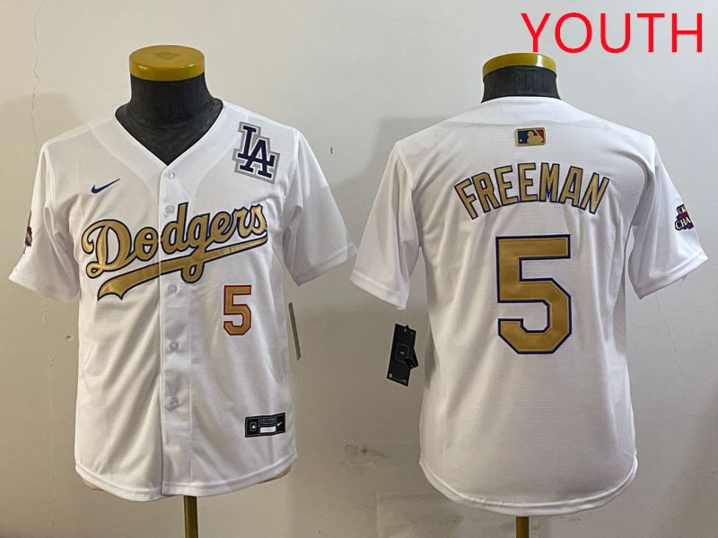 Youth Los Angeles Dodgers #5 Freeman White Champion gold character 2025 Nike MLB Jersey style 5->youth mlb jersey->Youth Jersey